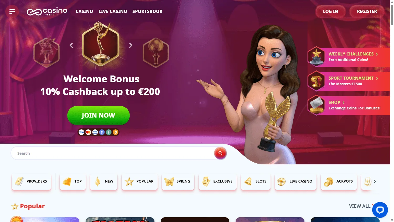 Casino Infinity home view on desktop