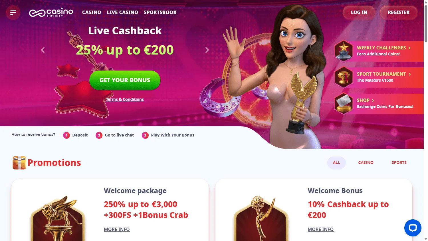 Casino Infinity promotions view on desktop